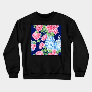 Roses in chinoiserie jar on navy blue background Crewneck Sweatshirt